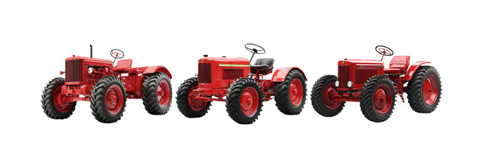 Vintage tractors set isolated on transparent background, antique tractors for farming and machinery