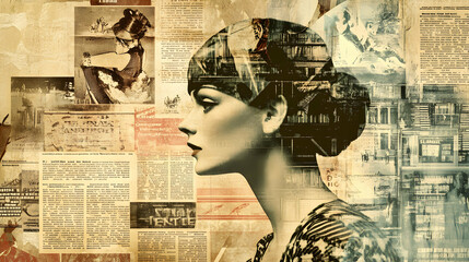 A vintage-inspired collage background made from old newspaper clippings and magazine covers from the 1920s and 1930s