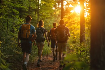 Friends Hiking Through Forest at Sunset