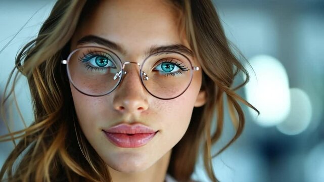 A young lady in an opticians trying on spectacles