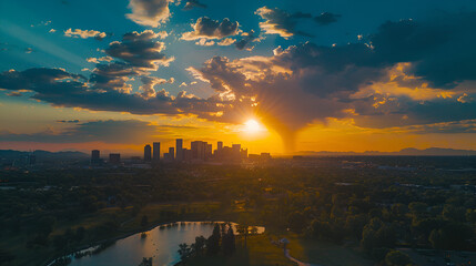 Majestic sunset over Twin Towers and surrounded buildings in downtown Kuala Lumpur, Malaysia. ai generative..