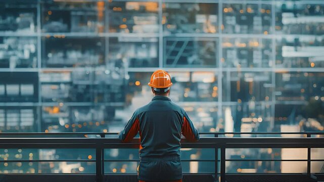 Technology in industrial construction with engineer businessman at work modern factory setting digital equipment safety helmet production building architect communication future automation network	