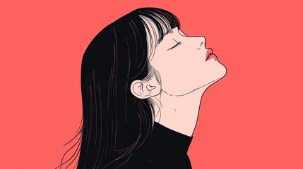 Minimalist Illustration of Woman with Long Black Hair and Red Lips Against a Pink Background