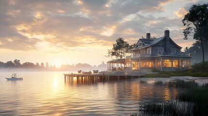 Naklejka premium Lakefront House with Wooden Dock at Sunset - 3D Illustration
