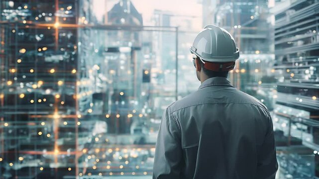 Technology in industrial construction with engineer businessman at work modern factory setting digital equipment safety helmet production building architect communication future automation network	