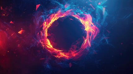 Abstract dark background with geometric shapes, vibrant circular flame glowing in a blue to red pink gradient
