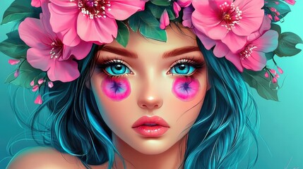 Naklejka premium Beautiful cartoon girl with a floral crown in electric blue and pink, featuring intricate iris flowers and delicate eyelashes, art and fashion