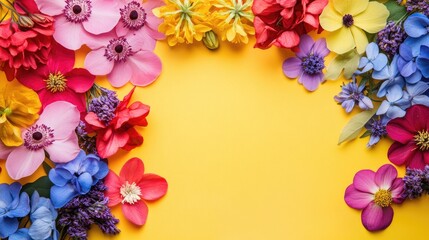 Beautiful fragrant flowers in pink, red, yellow, purple, and blue on a colorful background, ideal for postcard inscription