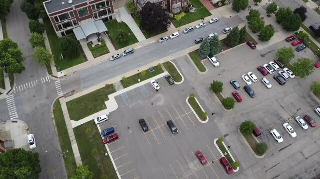 Parking lot in west side of Grand Rapids Michigan aerial drone footage