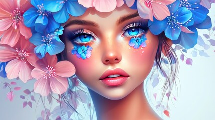 Naklejka premium Beautiful girl in cartoon style, adorned with an electric blue and pink flower crown, intricate iris flowers, delicate eyelashes, art and fashion