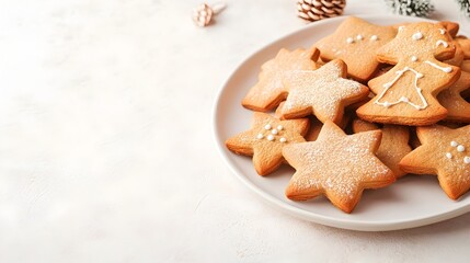 A plate of freshly baked Christmas cookies shaped like festive stars trees and gingerbread men ready to be enjoyed as a sweet holiday treat with space for additional text or messaging