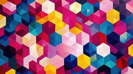 Bold abstract image with a vibrant geometric pattern of multicolored hexagons in shades of pink, yellow, red, blue, and purple, repeating design