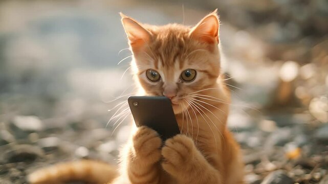 A small orange cat with surprised emotion while playing and joyfully exaggeratedly with smartphone, looking smartphone	