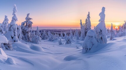 Snowy Forest at Sunset with Frozen Trees and a Distant Sea