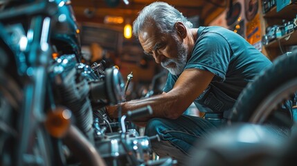 Garage Repair: Middle-aged man crouches by his motorcycle in the garage, tools in hand, tightening bolts and adjusting parts. Classic car posters adorn the walls.
