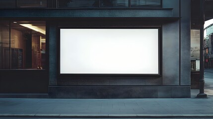Photograph of a blank customizable signboard or billboard attached to the facade of a retail storefront or commercial building providing ample space and an opportunity for branding advertising