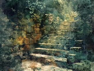 Obraz premium Lost civilization ruins, Fantasy, Earthy, Watercolor, Emphasizing mystery and history