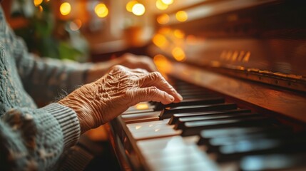 Elegant Performance: Old man plays the piano in a dim room, fingers dancing over keys. Soft music fills the space as he closes his eyes, immersed in the melody.
