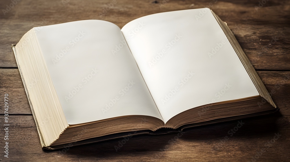 Poster an open book with blank pages lying flat on a wooden table providing a clean minimalist backdrop for