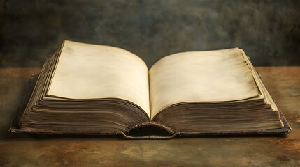 Flat lay photograph of an open book with blank pages lying flat on a wooden table leaving ample space for custom content editorial or publication design elements