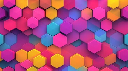 Repeating geometric pattern of multicolored hexagons in vibrant shades of pink, yellow, red, blue, and purple, bold abstract design