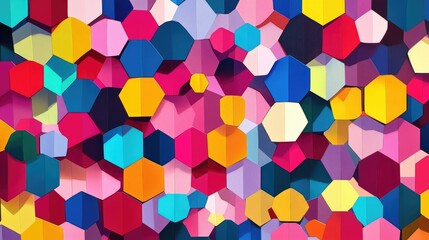 Repeating geometric pattern of multicolored hexagons in vibrant shades of pink, yellow, red, blue, and purple, bold abstract design