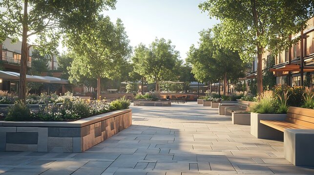 3D Illustration of a Sunny Courtyard with Benches and Stone Walkways