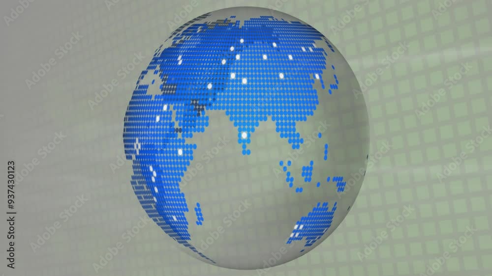 Poster animating rotating globe showing pixelated continents over grid background