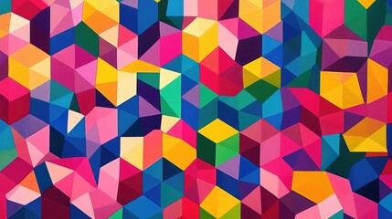 Repeating geometric pattern of multicolored pentagons in vibrant shades of pink, yellow, red, blue, green, and purple, dynamic abstract design