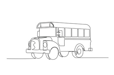 School bus continuous one line drawing. Old school bus single line art illustration. Editable vector.