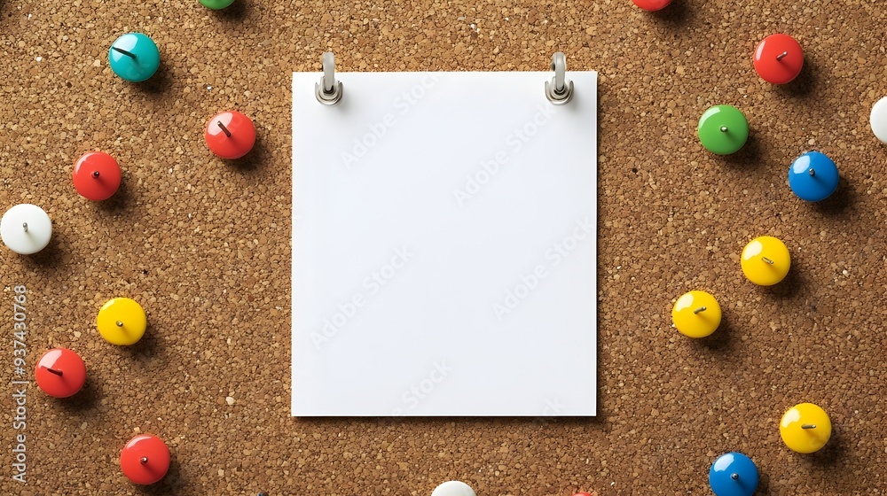 Poster blank poster pinned on a corkboard with an arrangement of colorful pushpins surrounding it leaving a
