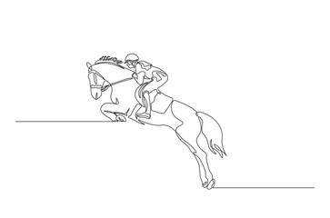 Woman riding horse continuous one line drawing. Equestrian in action single line art illustration. Editable vector.
