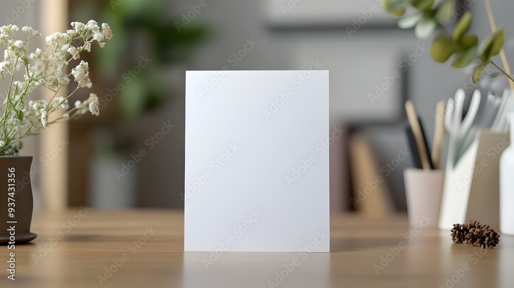 Poster elegant blank greeting card standing upright on a wooden desk with decorative elements surrounding i