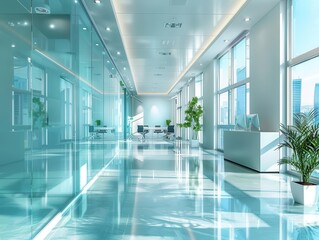 Fototapeta premium Modern office with glass walls, Futuristic, Clean, 3D, Highlighting contemporary design