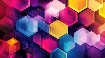 Fototapeta premium Vibrant geometric pattern with multicolored hexagons in pink, yellow, red, blue, and purple, creating a bold and dynamic abstract image