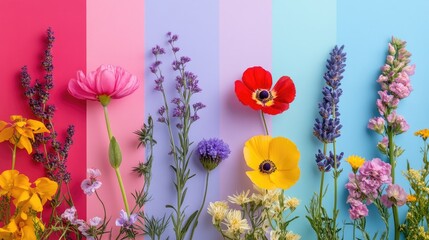 Vibrant pink, red, yellow, purple, and blue flowers on a colorful backdrop, creating a fragrant postcard ready for inscription