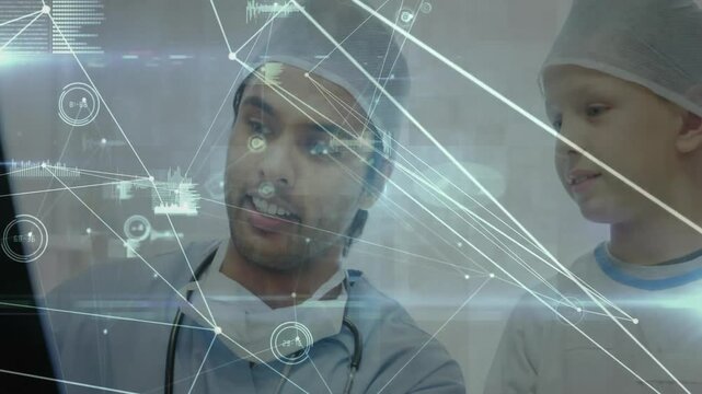 Animated medical data network over doctors discussing patient information in hospital