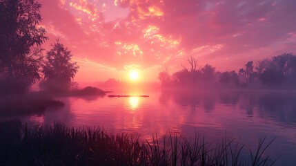 Naklejka premium A serene sunset over a tranquil lake, surrounded by misty trees and vibrant colors.