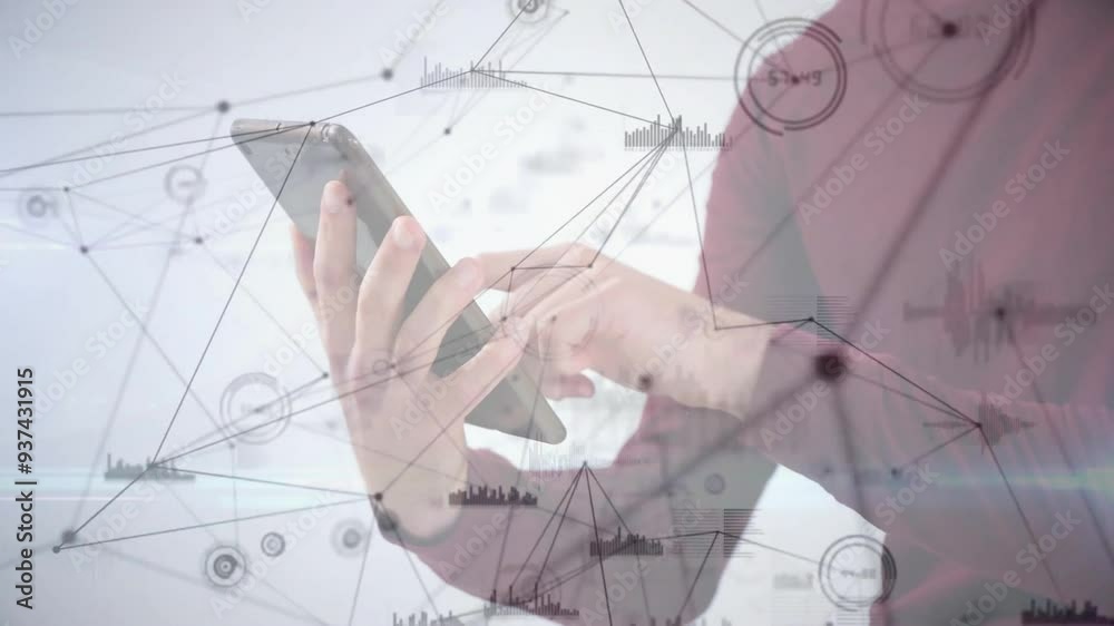 Poster using smartphone, person interacting with network connections and data animations