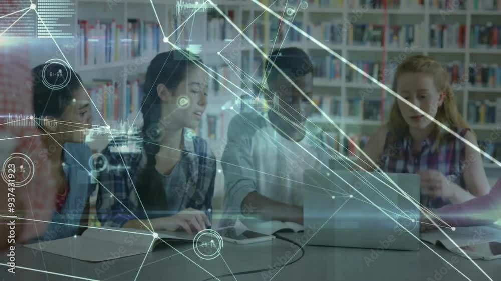 Poster network connections and data processing animation over students studying in library
