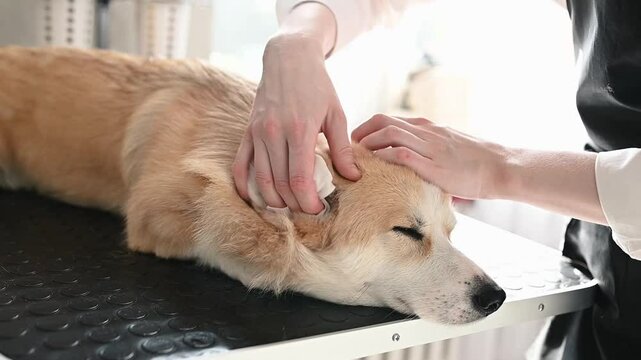 A groomer gently cleans the ears of a corgi dog. A dog at a groomer's session. Caring for the health of a pet.
