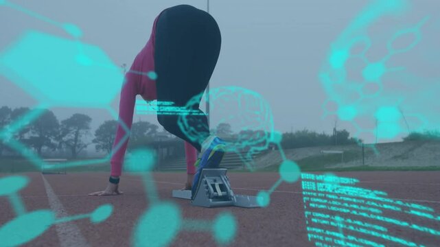Runner preparing to start race with brain activity animation over track