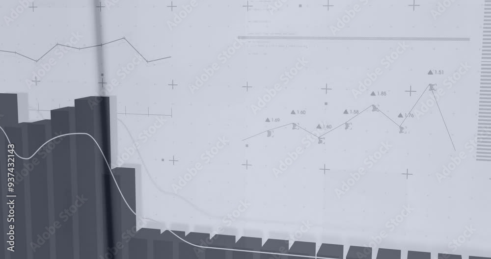 Poster animating financial data charts and graphs over abstract background