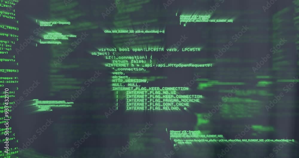 Poster scrolling green code lines, programming and hacking animation on computer screen
