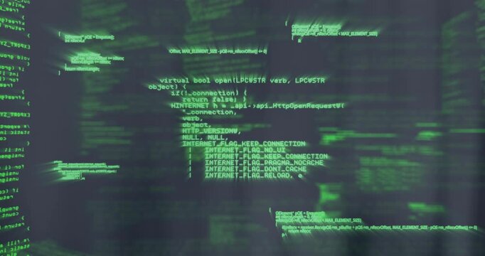 Scrolling green code lines, programming and hacking animation on computer screen