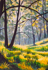 Sunny spring green forest oil painting. Sun rays in park alley trees sun autumn artwork landscape art.