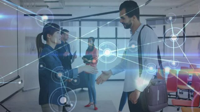 Shaking hands, business people with network connections and data processing animation