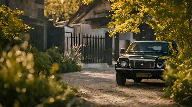 Black car parked on brick road in front of house. Peaceful and serene atmosphere