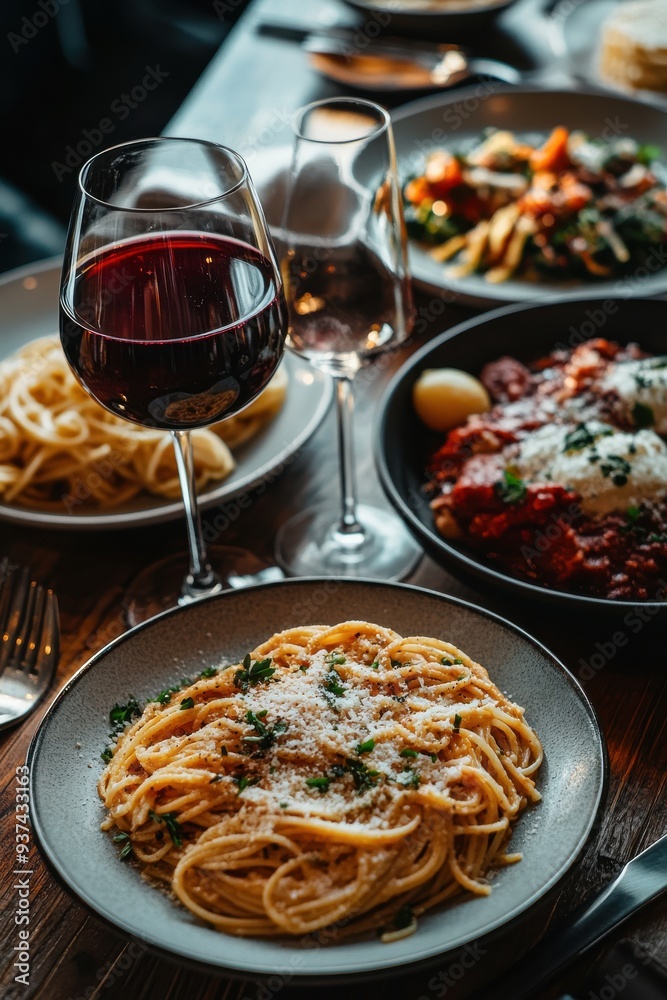 Wall mural a table with a variety of food and drinks, including pasta, wine