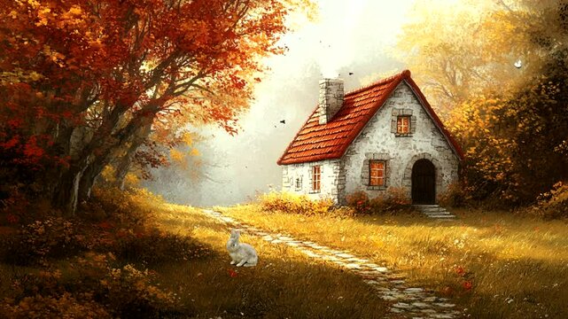 A cozy cottage with a red roof nestled in a serene autumn landscape, surrounded by lush trees and peaceful meadows., Seamless looping 4k time-lapse animation video background 
  